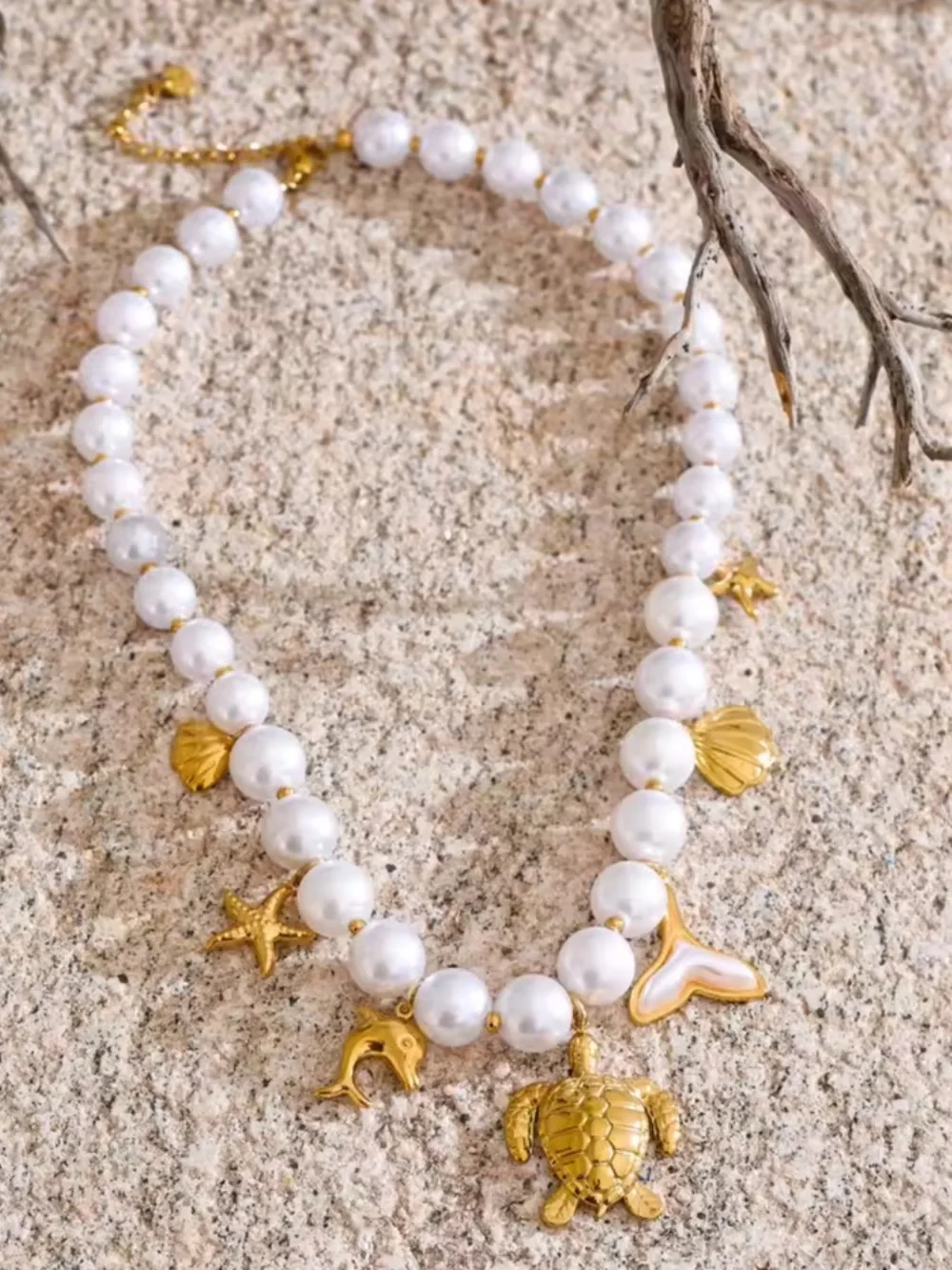 Gold Turtle Pearl Sea Life Charm Necklace